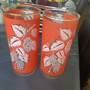 Vintage Orange Glass Tumblers with Grape Design
